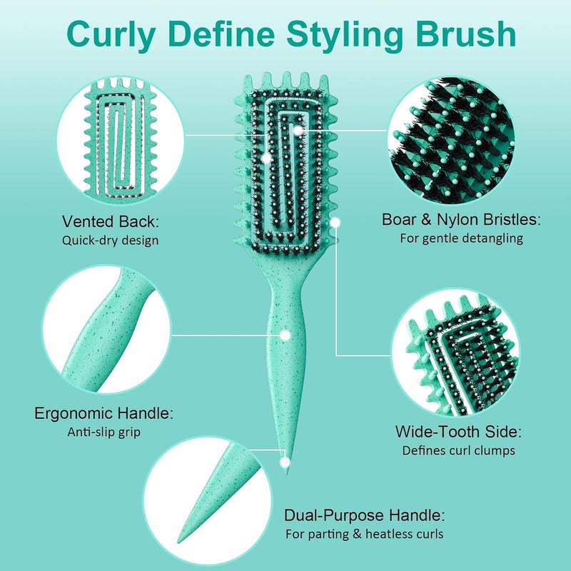 Weldilgit Curly Hair Brush, Curl Defining Brush with Soft Boar Bristles Detangling Tangled Glides, Wide-Teeth Design Effortlessly Shaping & Defining Curls, Curling Definer for Wet & Dry Hair (Green) - Image 2
